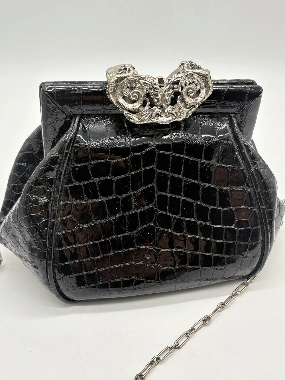 Annie Turk Black Crocodile-Embossed Crossbody Bag & Coin Pouch